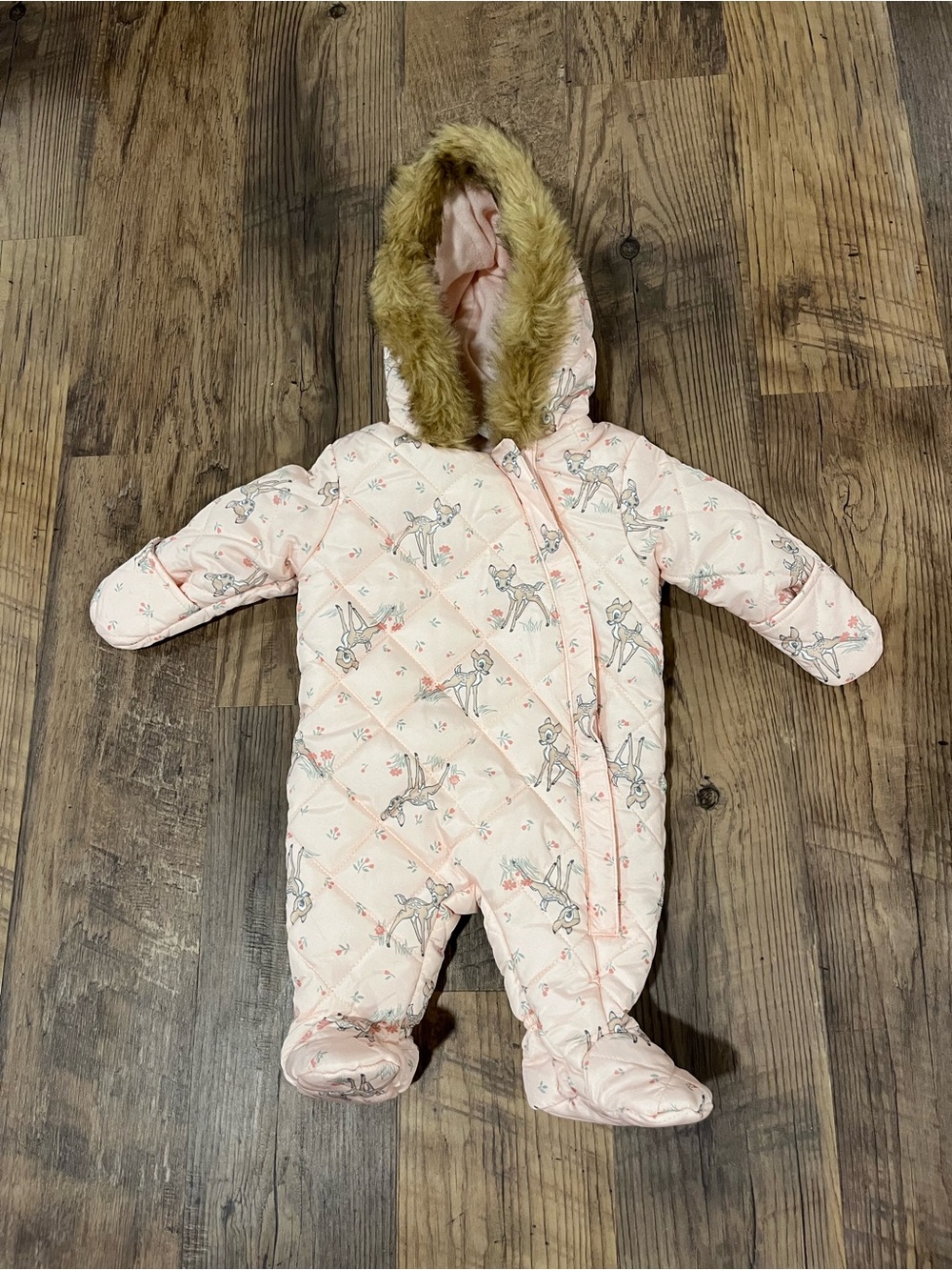 Disney Pink Quilted Baby One-Piece Snowsuit with Faux-Fur Hood